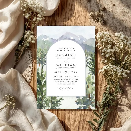 Invitation Watercolor Mountain Forest Arch QR Code Wedding
