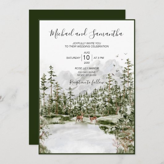 Invitation Watercolor Mountain Forest Mariage rustique (Devant / Derrière)