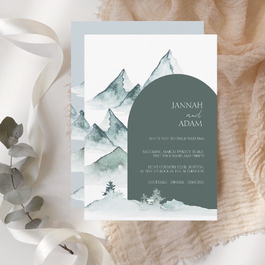 Invitation Watercolor Mountain Green Winter Wedding
