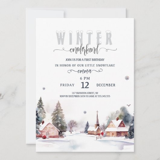 Invitation Watercolor Mountain Winter onederland 1st birthday (Devant)