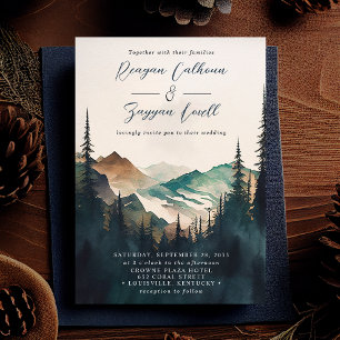 Invitation Watercolor Mountains Pine Forest Script Mariage