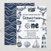 Invitation Watercolor Nautical Sailor Boys 1er anniversaire (Devant / Derrière)
