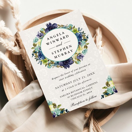 Invitation Watercolor Navy et Blue Wreath Mariage