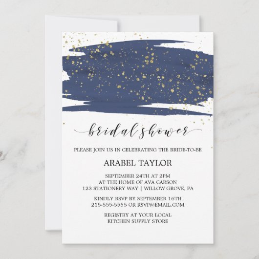 Invitation Watercolor Navy et Gold Sparkle Fête des mariées (Devant)