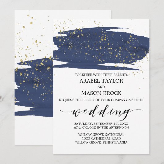 Invitation Watercolor Navy et Gold Sparkle Mariage (Devant / Derrière)