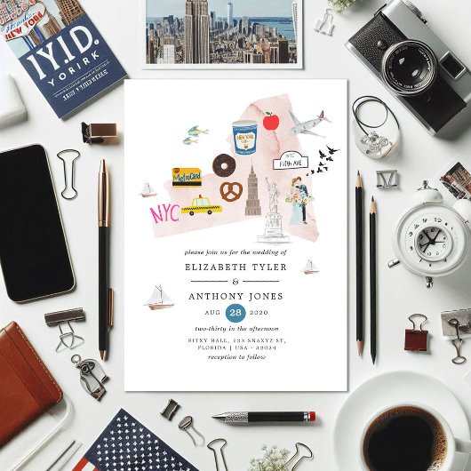 Invitation Watercolor New York USA Destination Wedding