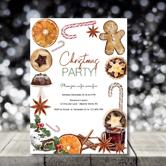 Invitation Watercolor Noël Traitements Festive Food party