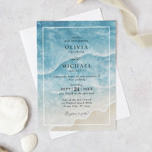 Invitation Watercolor Ocean Beach Mariage élégant