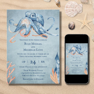 Invitation Watercolor Octopus Sea Life Beach Mariage