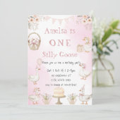Invitation Watercolor One Silly Goose Pink Gingham Birthday (Debout devant)