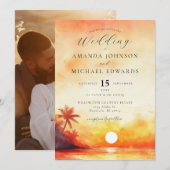 Invitation Watercolor Orange Beach Sunset Mariage photo (Devant / Derrière)