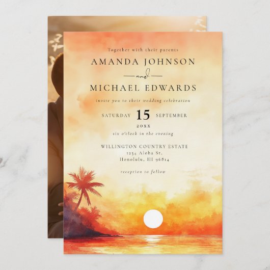 Invitation Watercolor Orange Beach Sunset Mariage photo (Devant / Derrière)