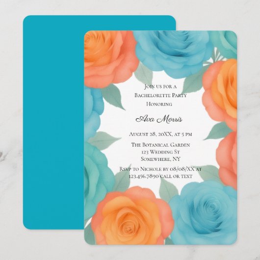 Invitation Watercolor Orange & Teal Roses Bachelorette Party (Devant / Derrière)