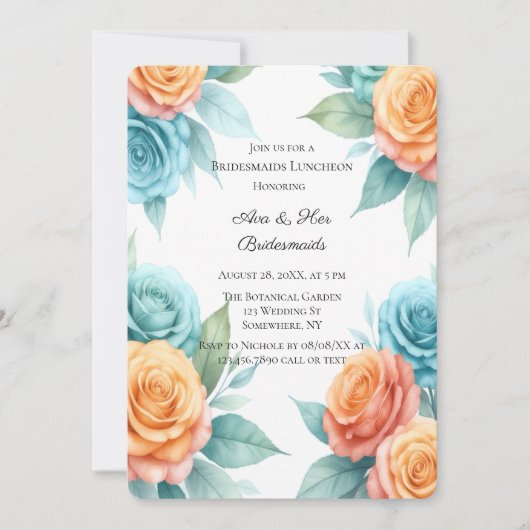 Invitation Watercolor Orange & Teal Roses Bridesmaids Lunch (Devant)
