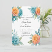 Invitation Watercolor Orange & Teal Roses Wedding (Debout devant)