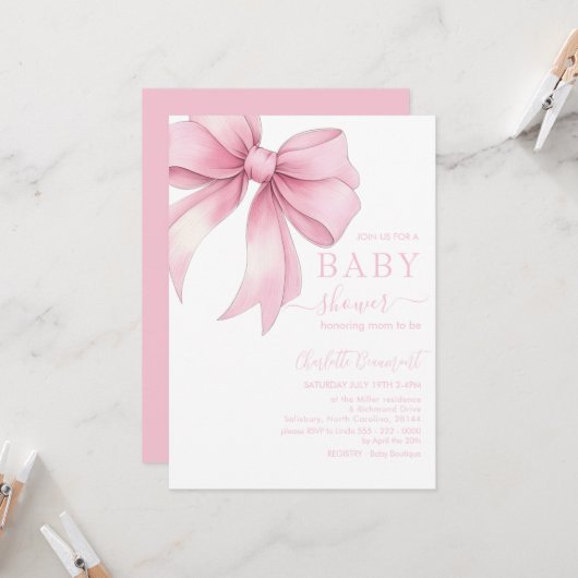 Invitation Watercolor Pale Pink Ribbon Baby Shower (Devant/Arrière en situation)