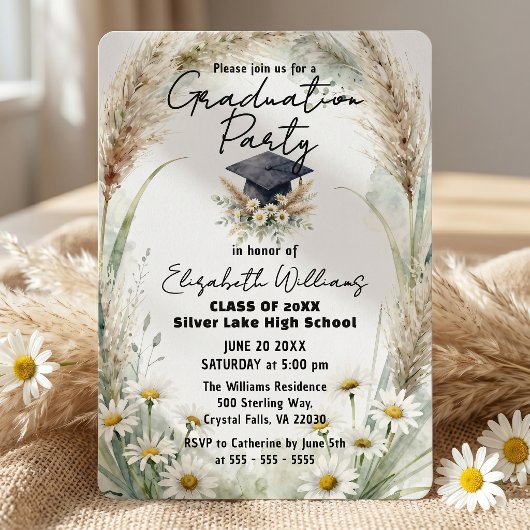 Invitation Watercolor Pampas Grass Daisies Graduation Party