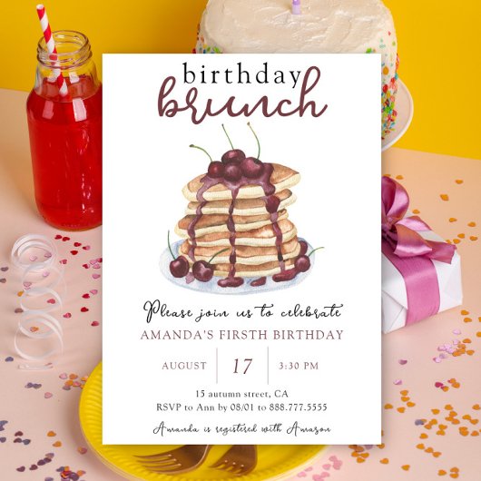 Invitation Watercolor Pancake Premier anniversaire Brunch Par
