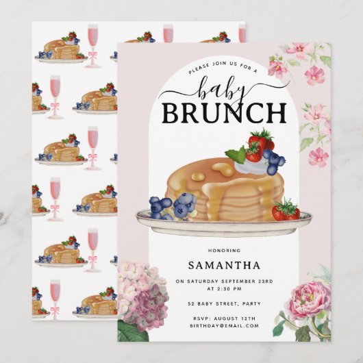 Invitation Watercolor Pancakes Berries Brunch Baby Shower (Devant / Derrière)