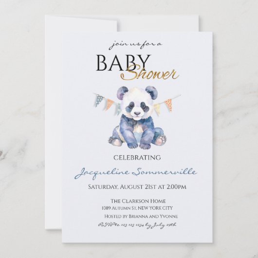 Invitation Watercolor Panda bear Baby Shower (Devant)
