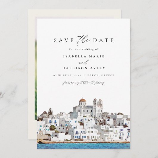 Invitation Watercolor Paros Grèce Skyline Enregistrer la date (Devant / Derrière)