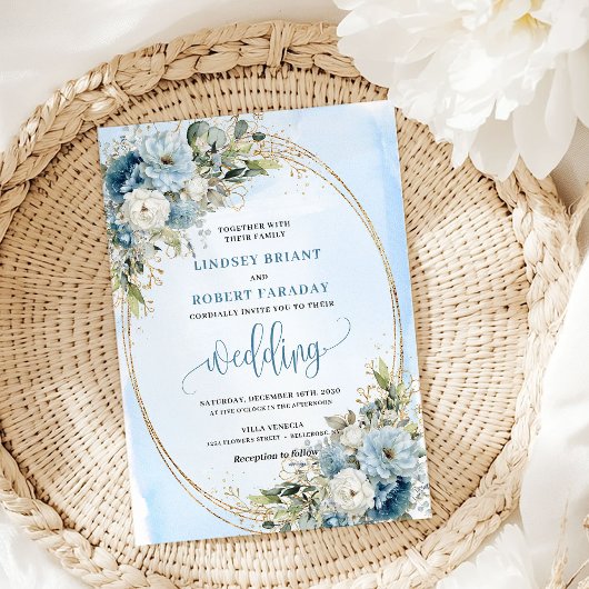 Invitation Watercolor Pastel Blue Flowers Gold Wedding Invite