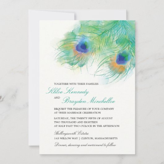 Invitation Watercolor Peacock Feather Wedding (Devant)