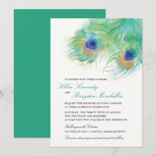 Invitation Watercolor Peacock Feather Wedding (Devant / Derrière)