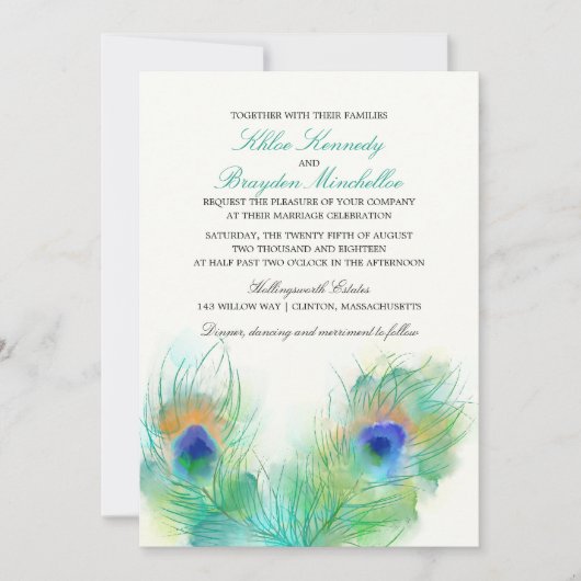 Invitation Watercolor Peacock Feather Wedding (Devant)