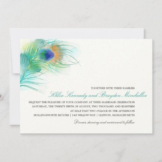 Invitation Watercolor Peacock Feather Wedding (Devant)