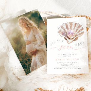 Invitation Watercolor Photo Sea You Bientôt Baby shower