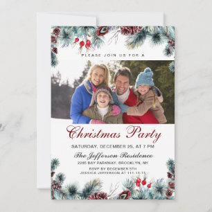 Invitation Watercolor Pine Cônes Branch PHOTO Christmas Party