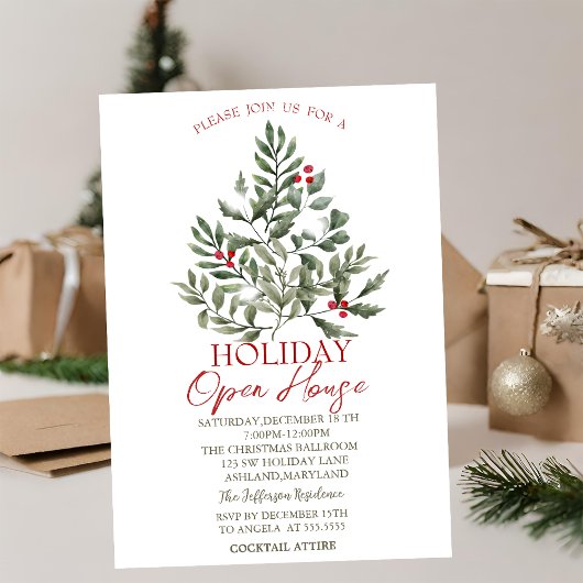 Invitation Watercolor Pine Tree Branches Holiday Open House
