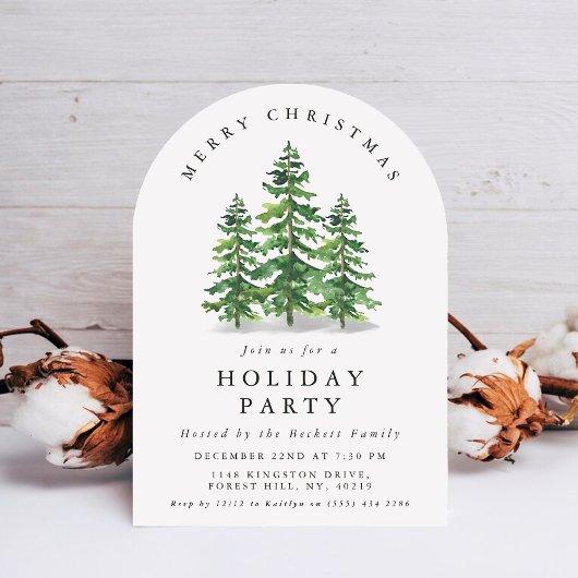Invitation Watercolor Pine Tree Forest Christmas Party