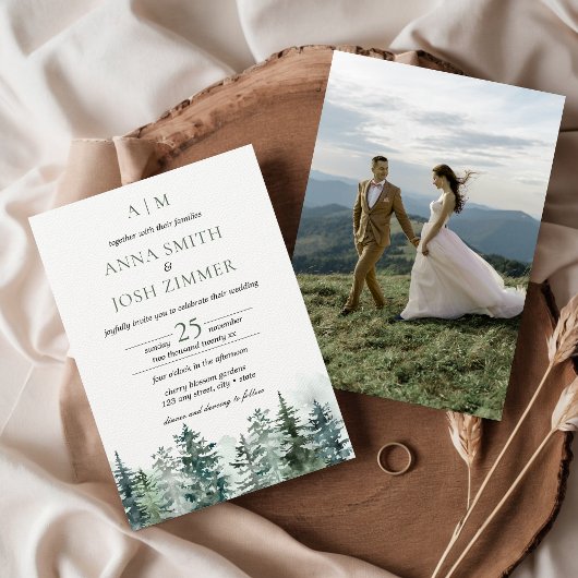 Invitation Watercolor Pine Tree Forest Rustic Photo Mariage