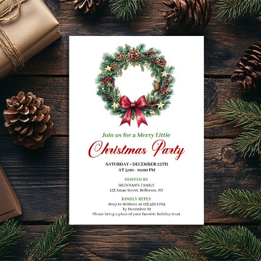 Invitation Watercolor Pine Wreath Christmas Party Card