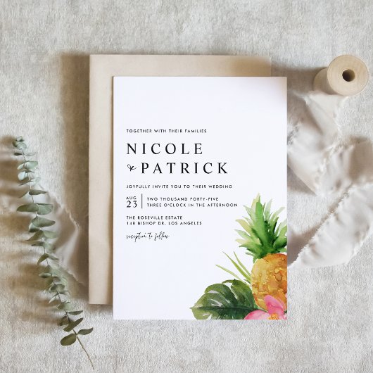 Invitation Watercolor Pineapple and Hibiscus Tropical Wedding
