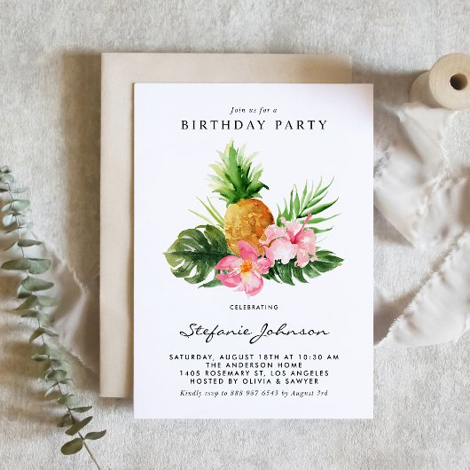 Invitation Watercolor Pineapple Hibiscus Tropical Birthday