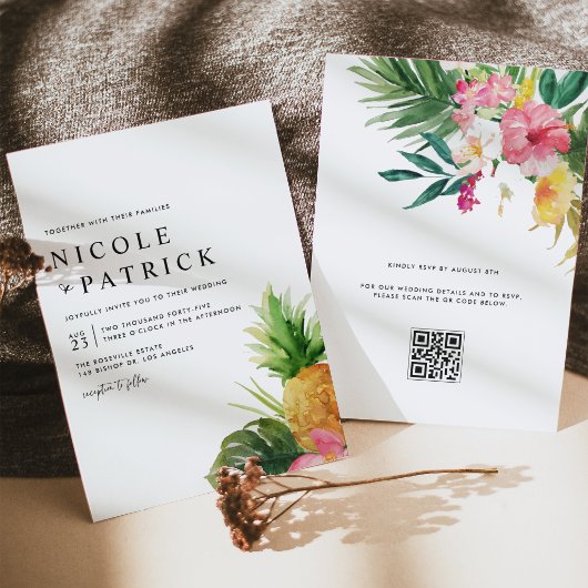 Invitation Watercolor Pineapple Tropical QR Code Wedding