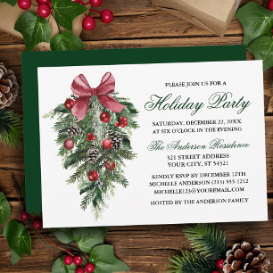 Invitation Watercolor Pines Berries Bow Green Holiday Party