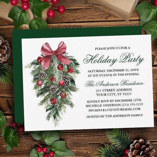 Invitation Watercolor Pines Berries Bow Green Holiday Party