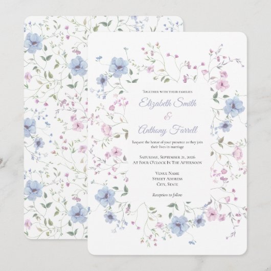 Invitation Watercolor Pink And Dusty Blue Botanical Wedding  (Devant / Derrière)