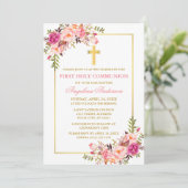 Invitation Watercolor Pink Blush Floral Communion Gold (Debout devant)