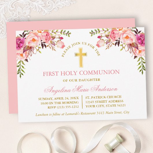 Invitation Watercolor Pink Blush Floral Gold Communion