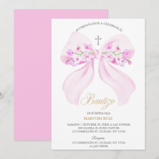 Invitation Watercolor Pink Bow Floral Girl Baptism