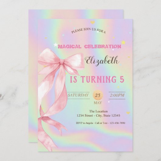 Invitation Watercolor Pink Bow Holographic Birthday (Devant / Derrière)