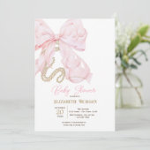 Invitation Watercolor Pink Bow Pearls Dots Baby Shower  (Debout devant)