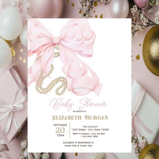 Invitation Watercolor Pink Bow Pearls Dots Baby Shower 