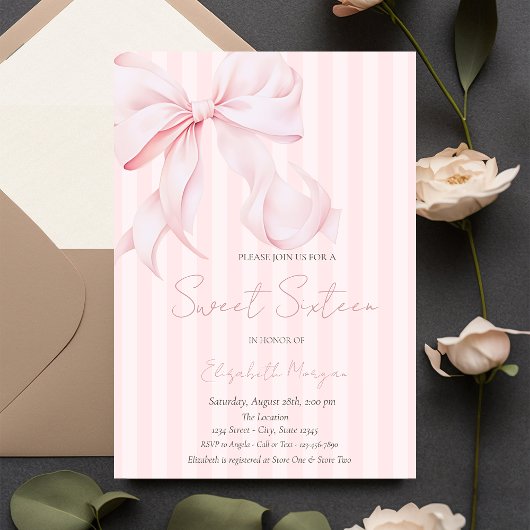 Invitation  Watercolor Pink Bow Pink Stripes Sweet 16