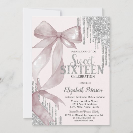 Invitation Watercolor Pink Bow Silver Glitter Drips Sweet 16 (Devant)